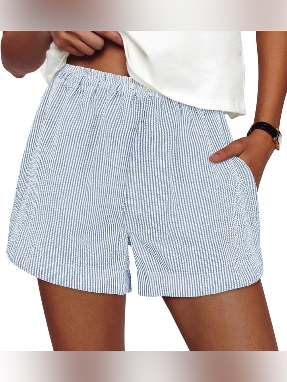Women's Light Blue Seersucker Elastic-Waist Shorts